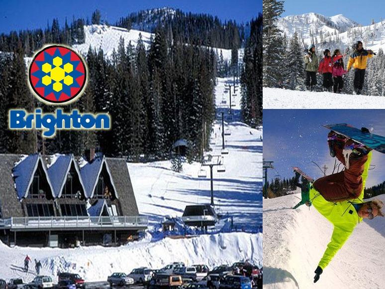 Collage of Brighton Resort, skiers, and an extreme snowboarder.
