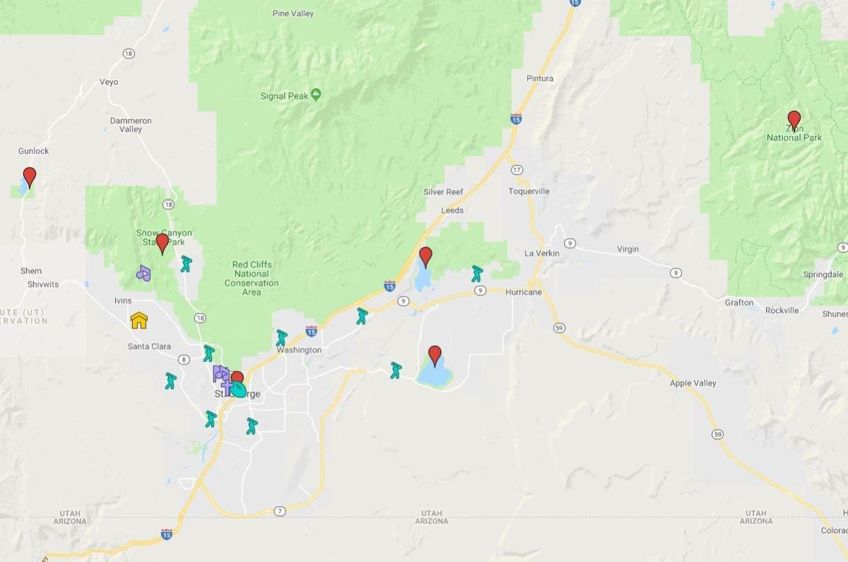 Map of Southern Utah and several popular attractions.